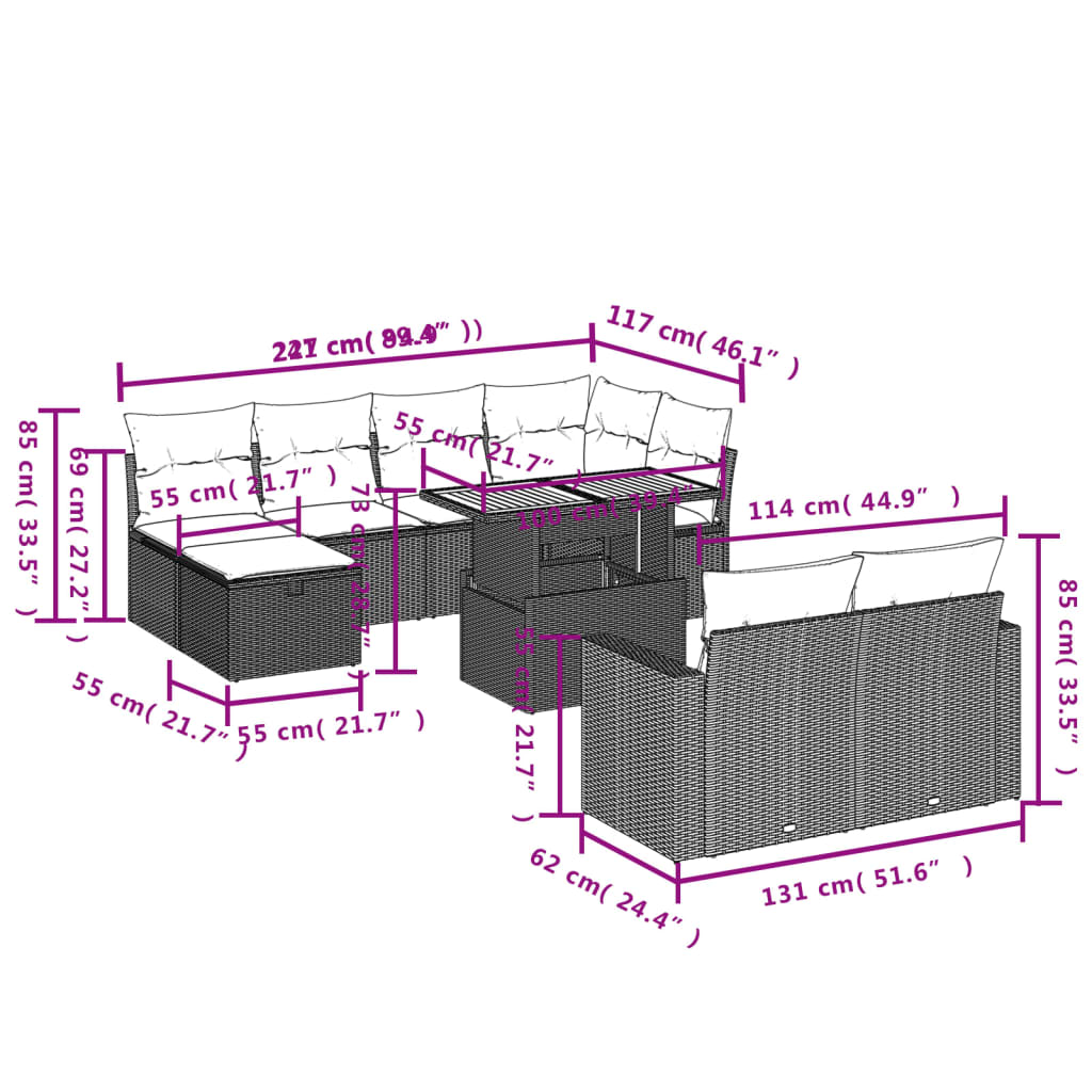 11 pcs conjunto sofás de jardim c/ almofadões vime PE cinzento - Leva - Me - Contigo