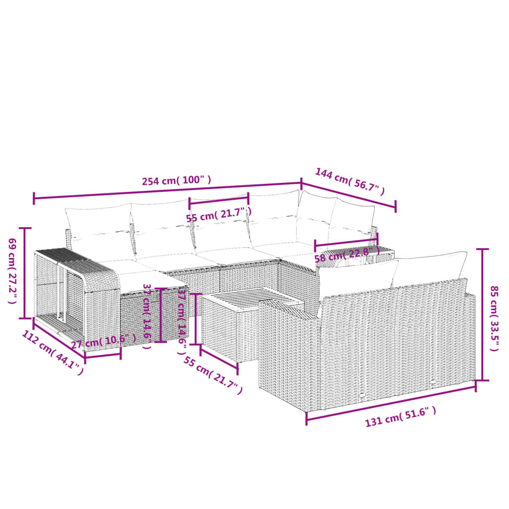 11 pcs conjunto sofás de jardim c/ almofadões vime PE cinzento - Leva - Me - Contigo