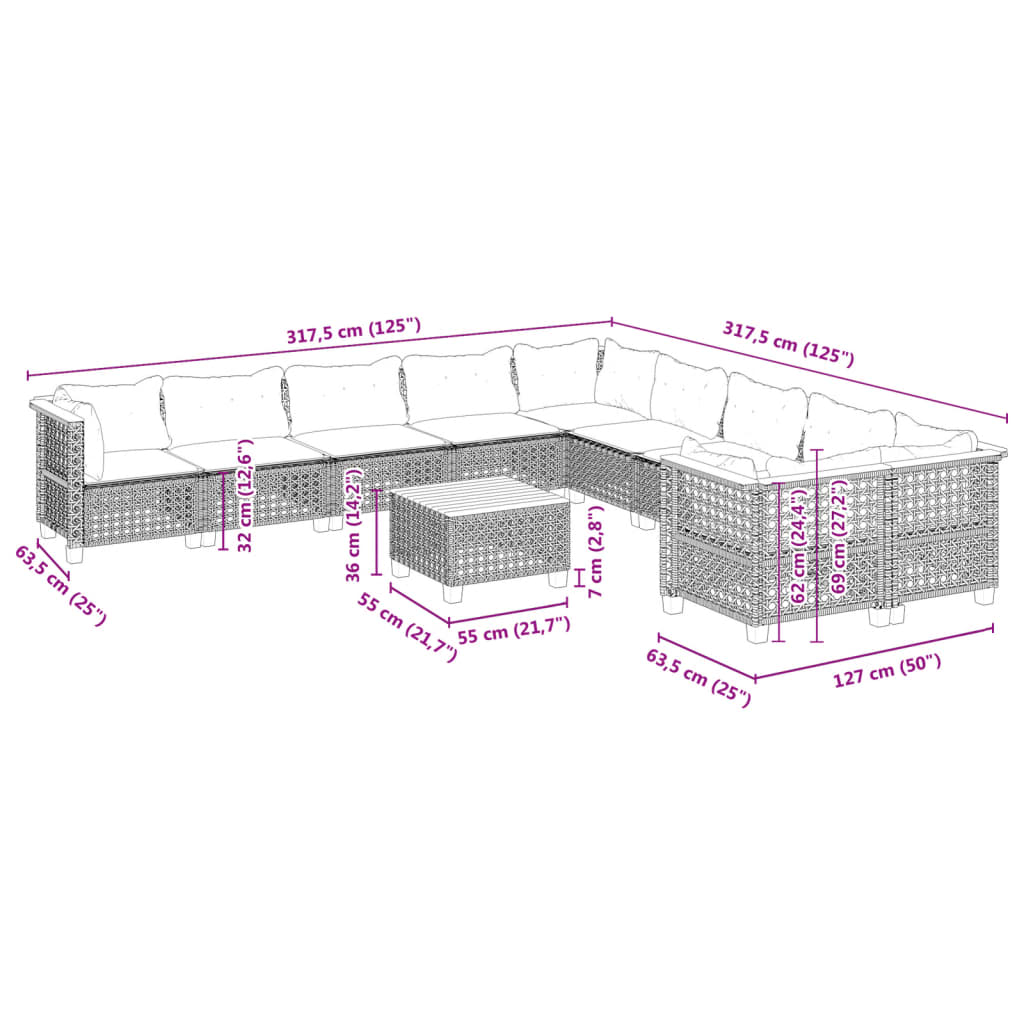 11 pcs conjunto sofás de jardim c/ almofadões vime PE cinzento - Leva - Me - Contigo