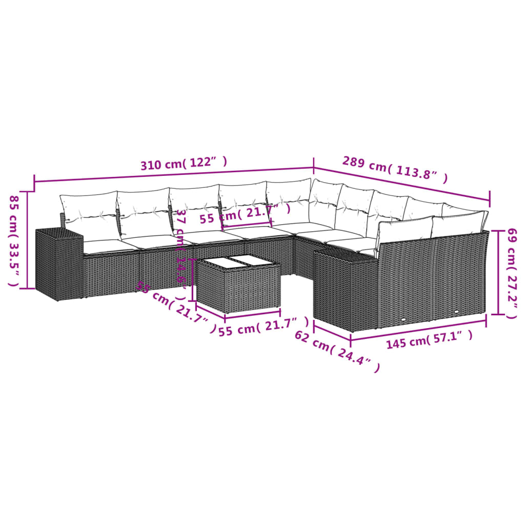 11 pcs conjunto sofás de jardim c/ almofadões vime PE cinzento - Leva - Me - Contigo