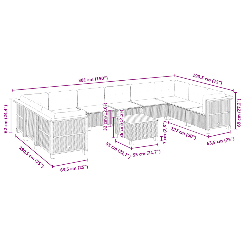 11 pcs conjunto sofás de jardim c/ almofadões vime PE cinzento - Leva - Me - Contigo