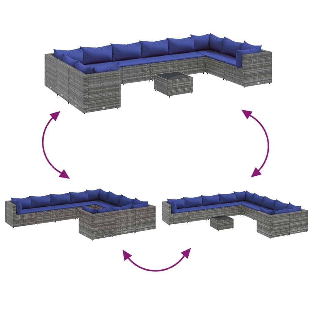 11 pcs conjunto sofás de jardim c/ almofadões vime PE cinzento - Leva - Me - Contigo