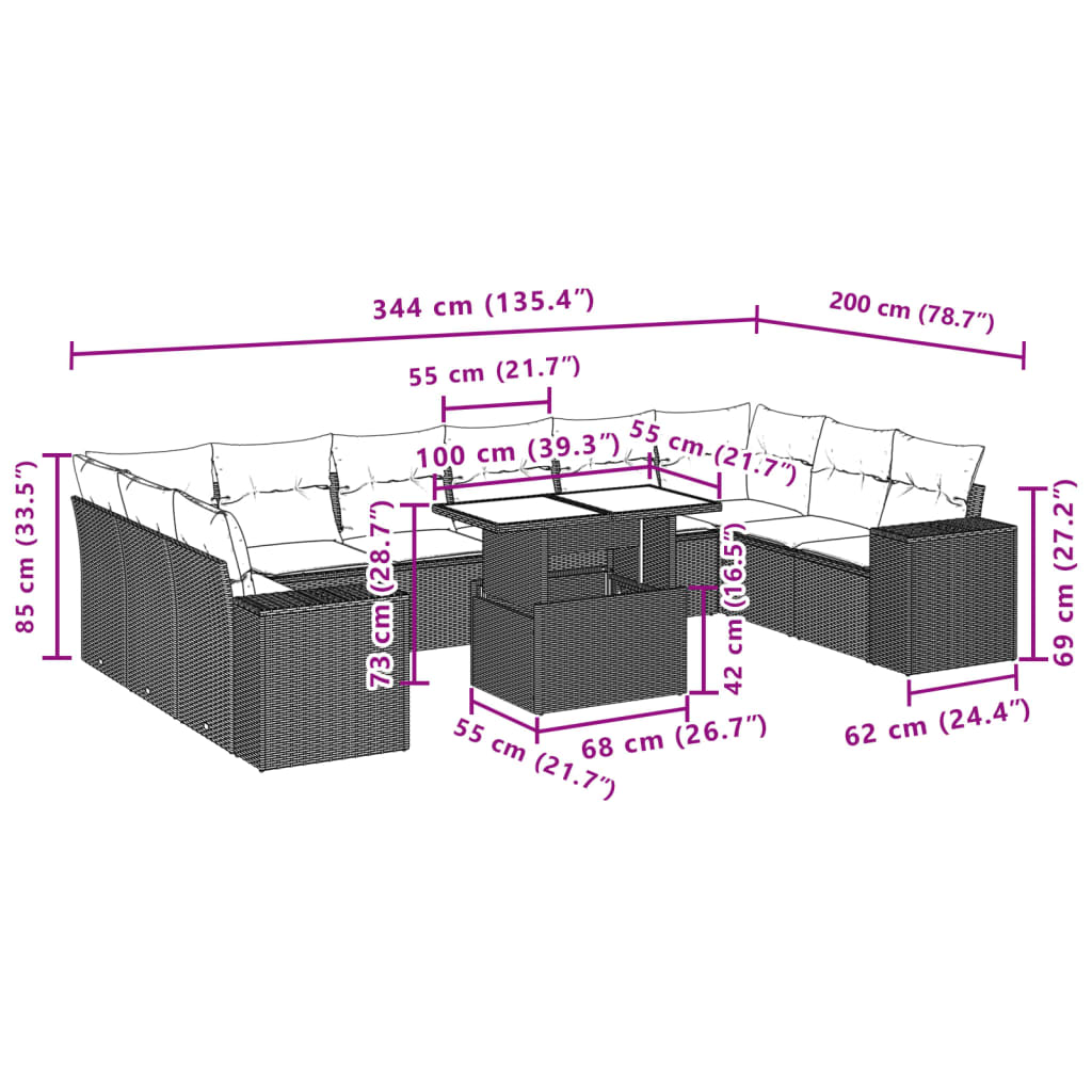 11 pcs conjunto sofás de jardim c/ almofadões vime PE cinzento - Leva - Me - Contigo