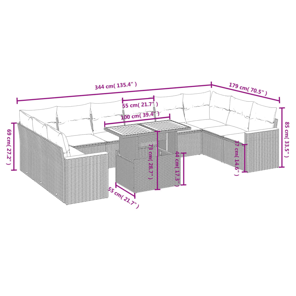 11 pcs conjunto sofás de jardim c/ almofadões vime PE cinzento - Leva - Me - Contigo