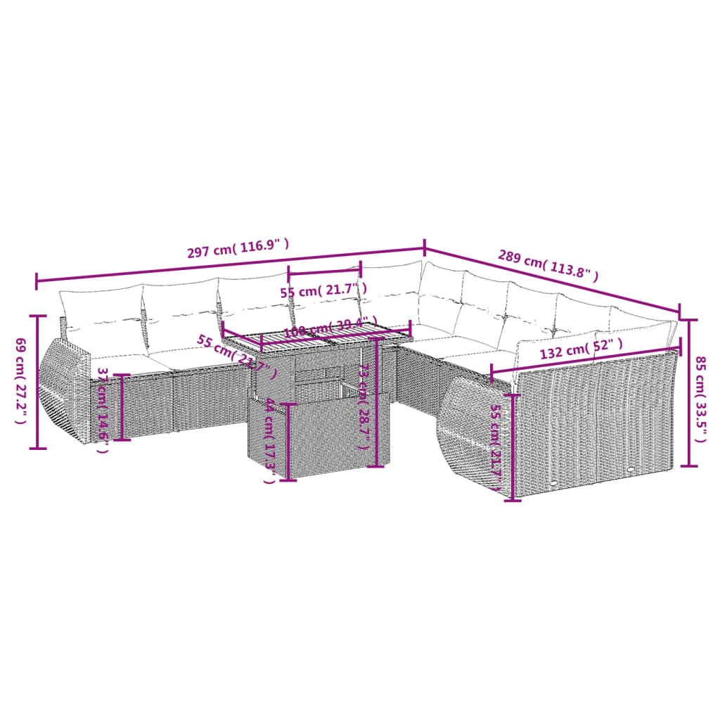 11 pcs conjunto sofás de jardim c/ almofadões vime PE cinzento - Leva - Me - Contigo