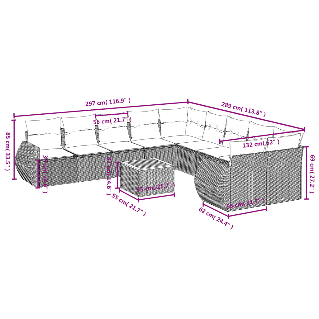 11 pcs conjunto sofás de jardim c/ almofadões vime PE cinzento - Leva - Me - Contigo