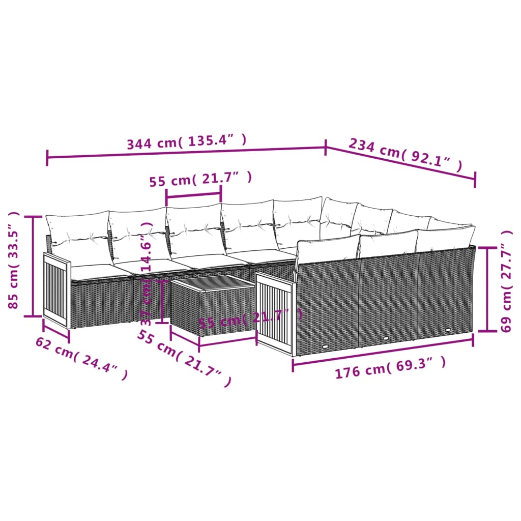 11 pcs conjunto sofás de jardim c/ almofadões vime PE preto - Leva - Me - Contigo