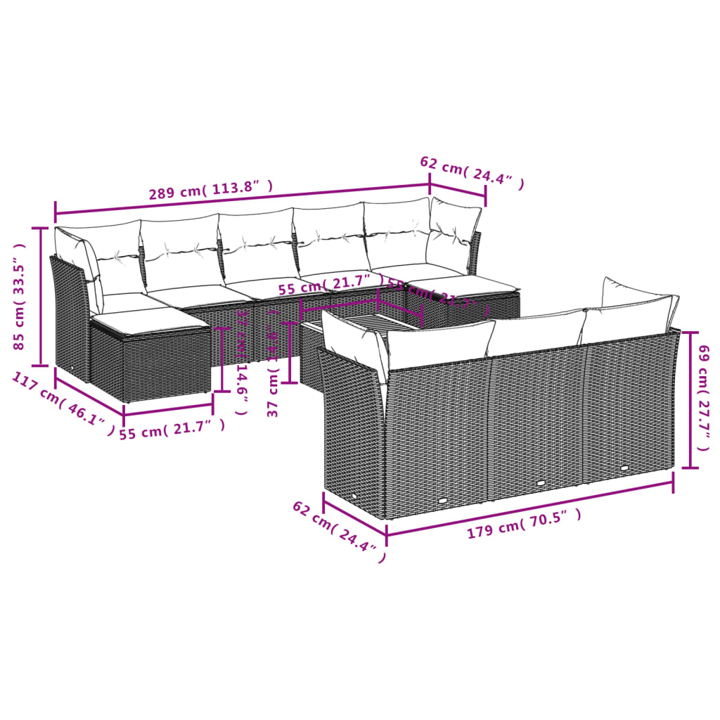 11 pcs conjunto sofás de jardim c/ almofadões vime PE preto - Leva - Me - Contigo