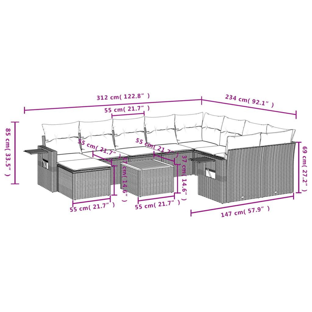 11 pcs conjunto sofás de jardim c/ almofadões vime PE preto - Leva - Me - Contigo