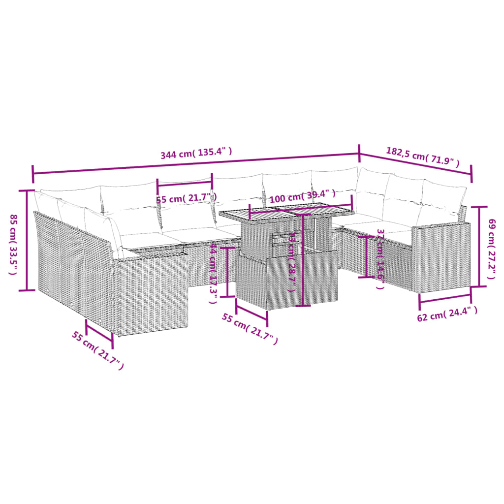 11 pcs conjunto sofás de jardim c/ almofadões vime PE preto - Leva - Me - Contigo