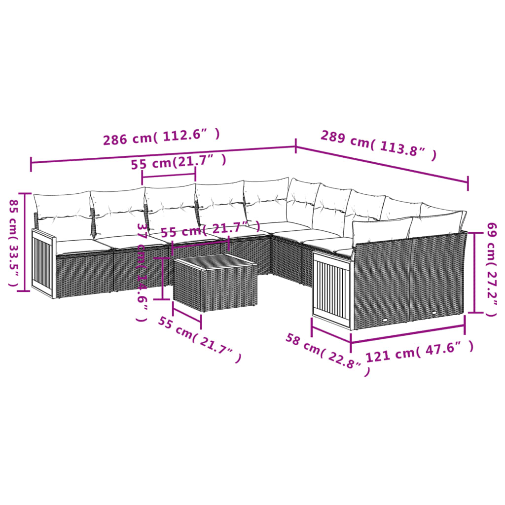 11 pcs conjunto sofás de jardim c/ almofadões vime PE preto - Leva - Me - Contigo