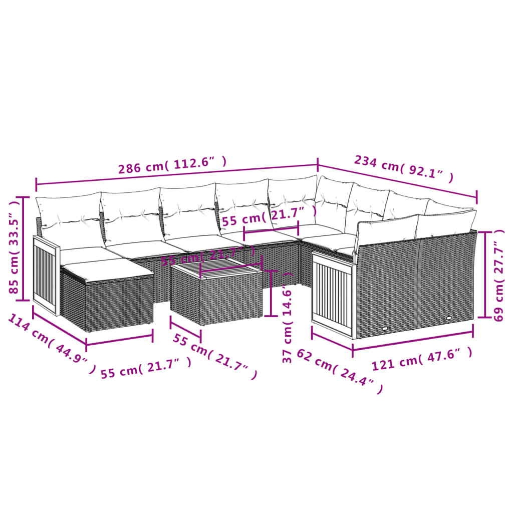 11 pcs conjunto sofás de jardim c/ almofadões vime PE preto - Leva - Me - Contigo