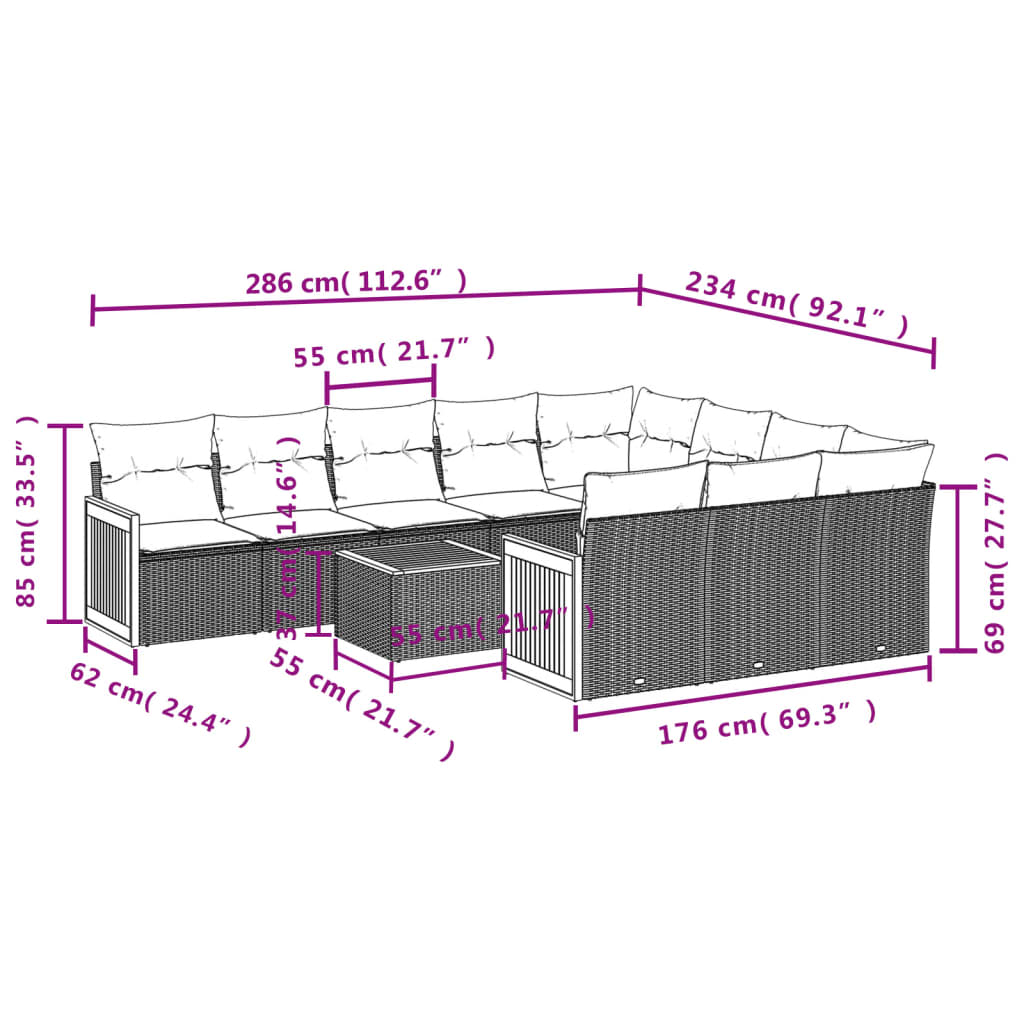 11 pcs conjunto sofás de jardim c/ almofadões vime PE preto - Leva - Me - Contigo