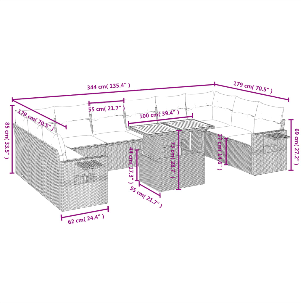 11 pcs conjunto sofás de jardim c/ almofadões vime PE preto - Leva - Me - Contigo