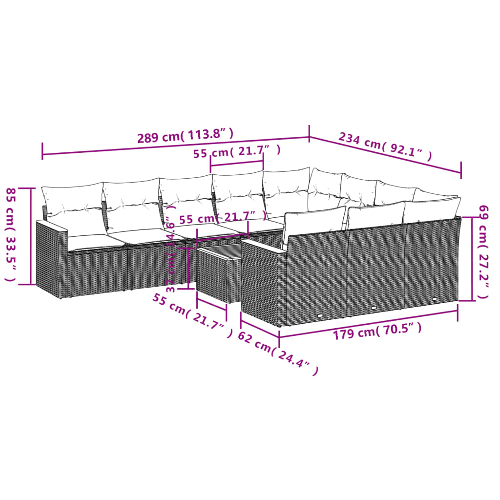 11 pcs conjunto sofás de jardim c/ almofadões vime PE preto - Leva - Me - Contigo