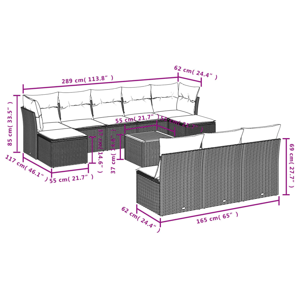 11 pcs conjunto sofás de jardim c/ almofadões vime PE preto - Leva - Me - Contigo