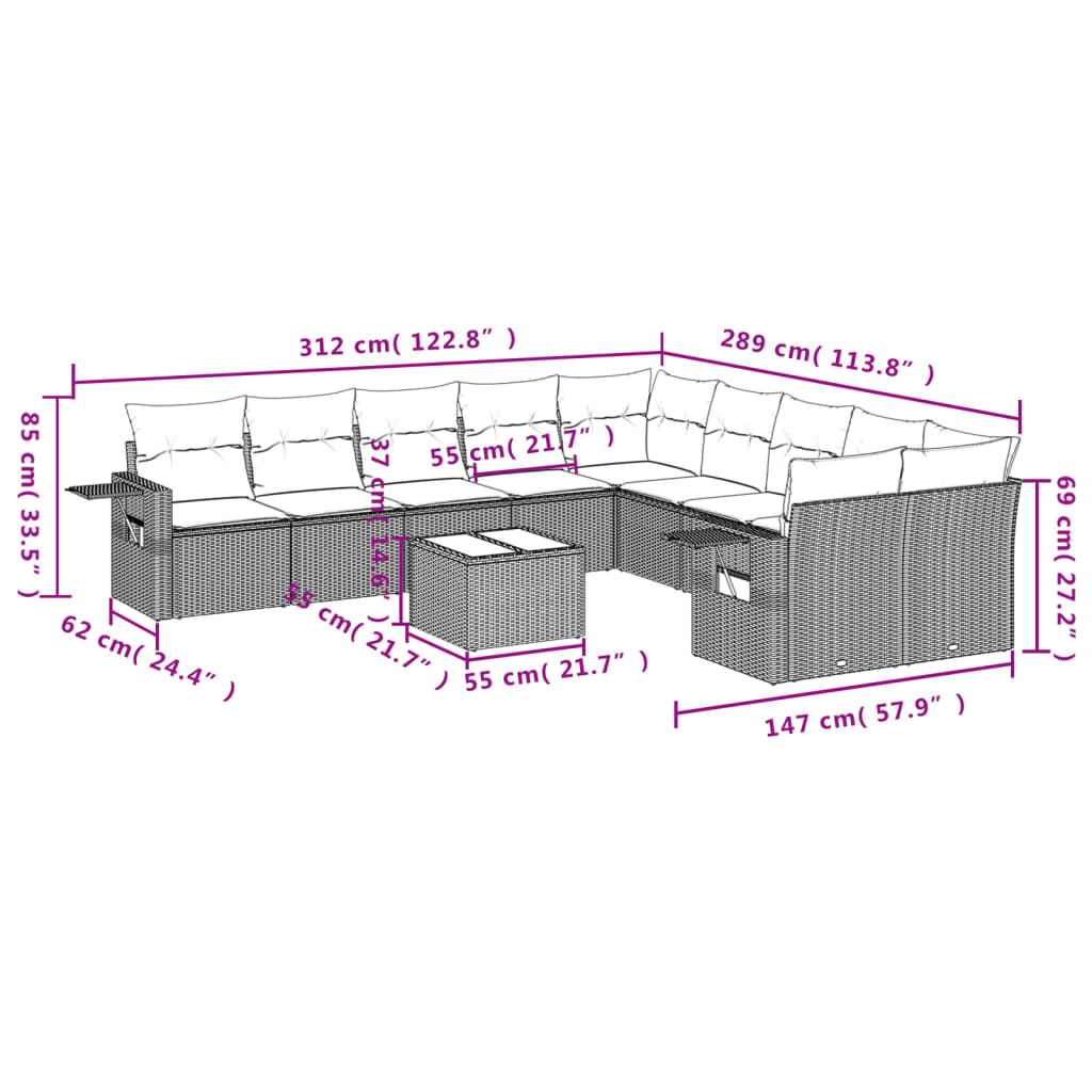 11 pcs conjunto sofás de jardim c/ almofadões vime PE preto - Leva - Me - Contigo