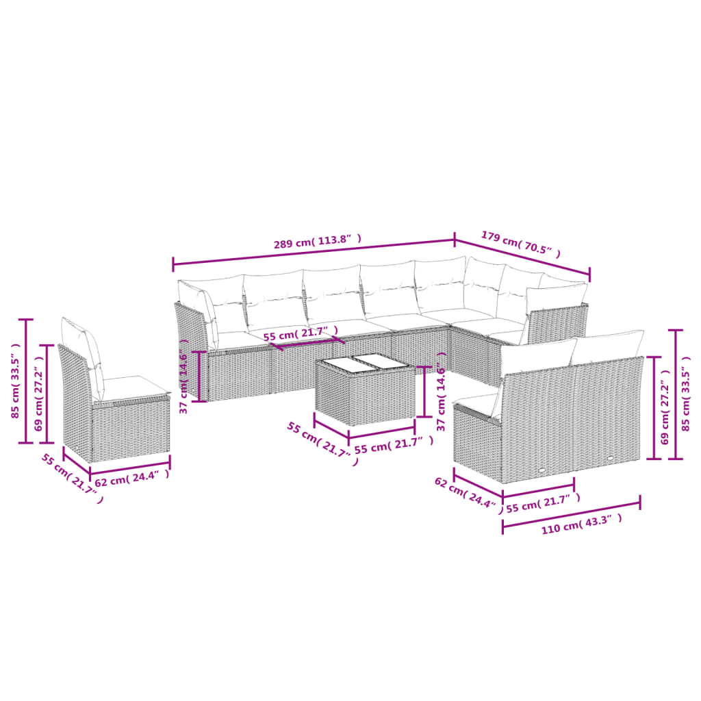 11 pcs conjunto sofás de jardim c/ almofadões vime PE preto - Leva - Me - Contigo