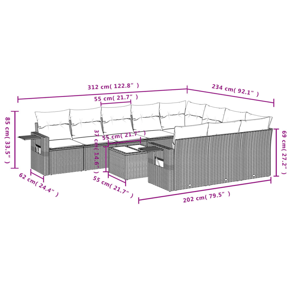 11 pcs conjunto sofás de jardim c/ almofadões vime PE preto - Leva - Me - Contigo