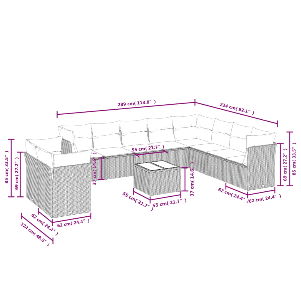 11 pcs conjunto sofás de jardim c/ almofadões vime PE preto - Leva - Me - Contigo