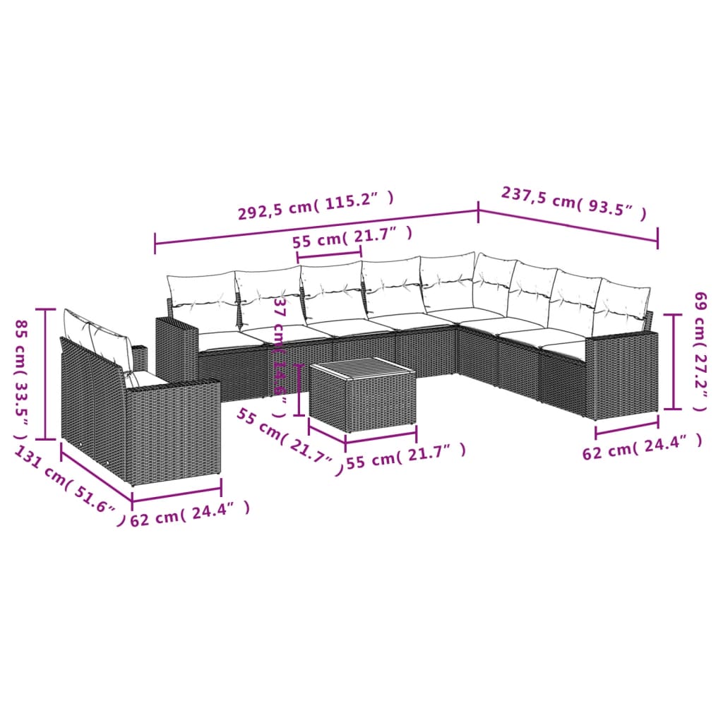 11 pcs conjunto sofás de jardim c/ almofadões vime PE preto - Leva - Me - Contigo