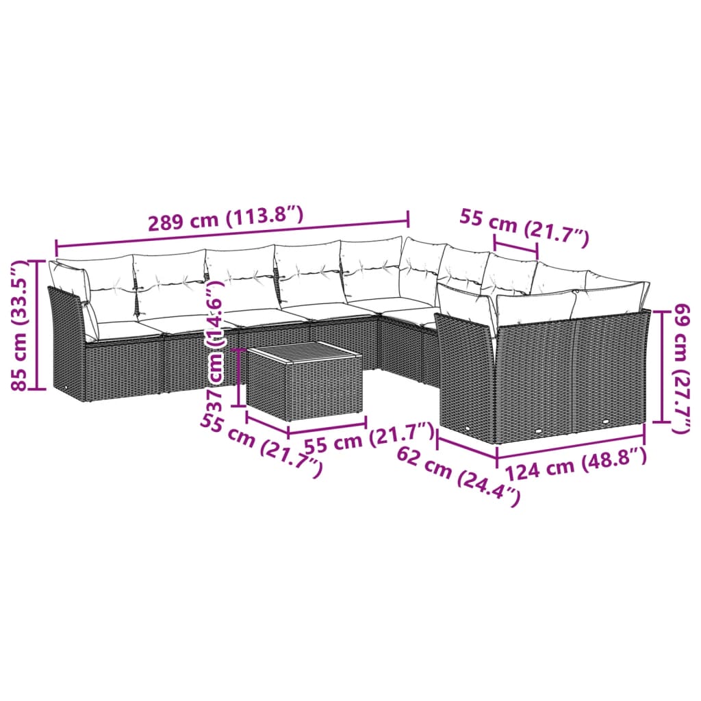 11 pcs conjunto sofás de jardim c/ almofadões vime PE preto - Leva - Me - Contigo