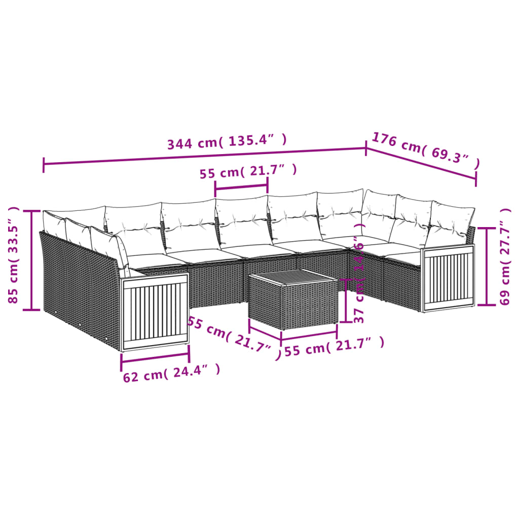 11 pcs conjunto sofás de jardim c/ almofadões vime PE preto - Leva - Me - Contigo