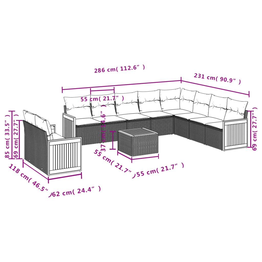 11 pcs conjunto sofás de jardim c/ almofadões vime PE preto - Leva - Me - Contigo