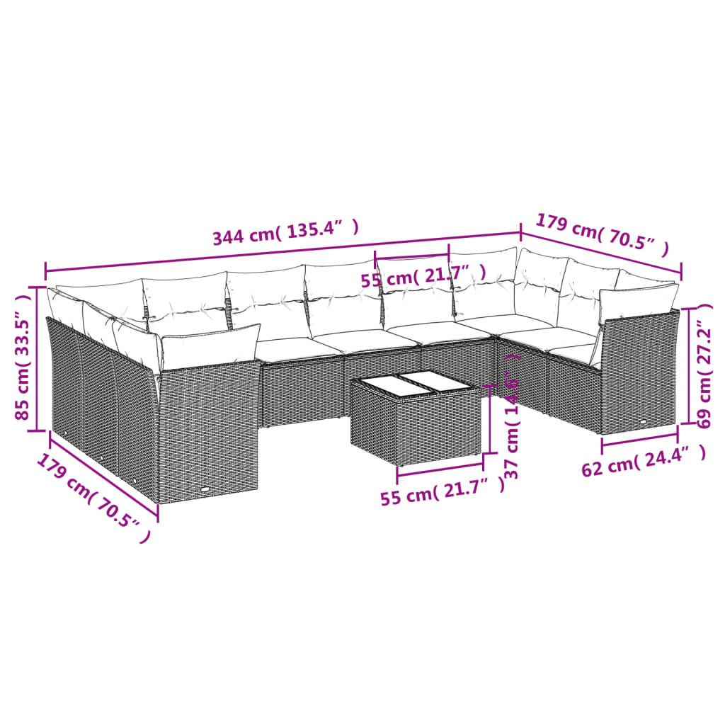 11 pcs conjunto sofás de jardim c/ almofadões vime PE preto - Leva - Me - Contigo