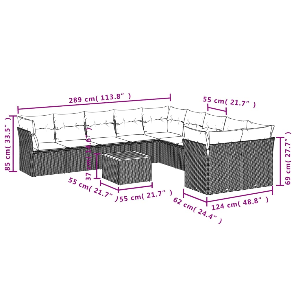 11 pcs conjunto sofás de jardim c/ almofadões vime PE preto - Leva - Me - Contigo