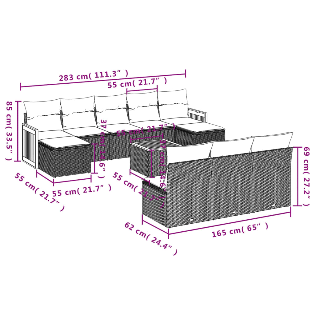 11 pcs conjunto sofás de jardim c/ almofadões vime PE preto - Leva - Me - Contigo