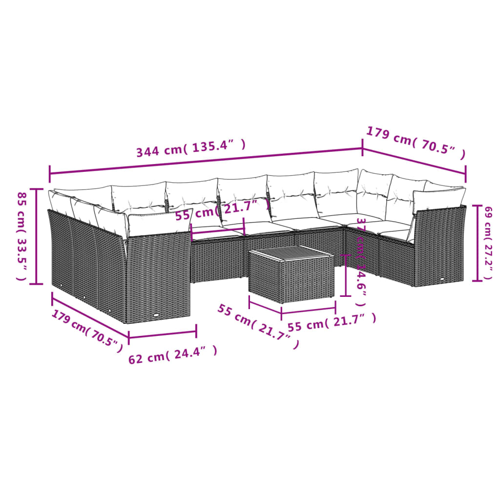 11 pcs conjunto sofás de jardim c/ almofadões vime PE preto - Leva - Me - Contigo