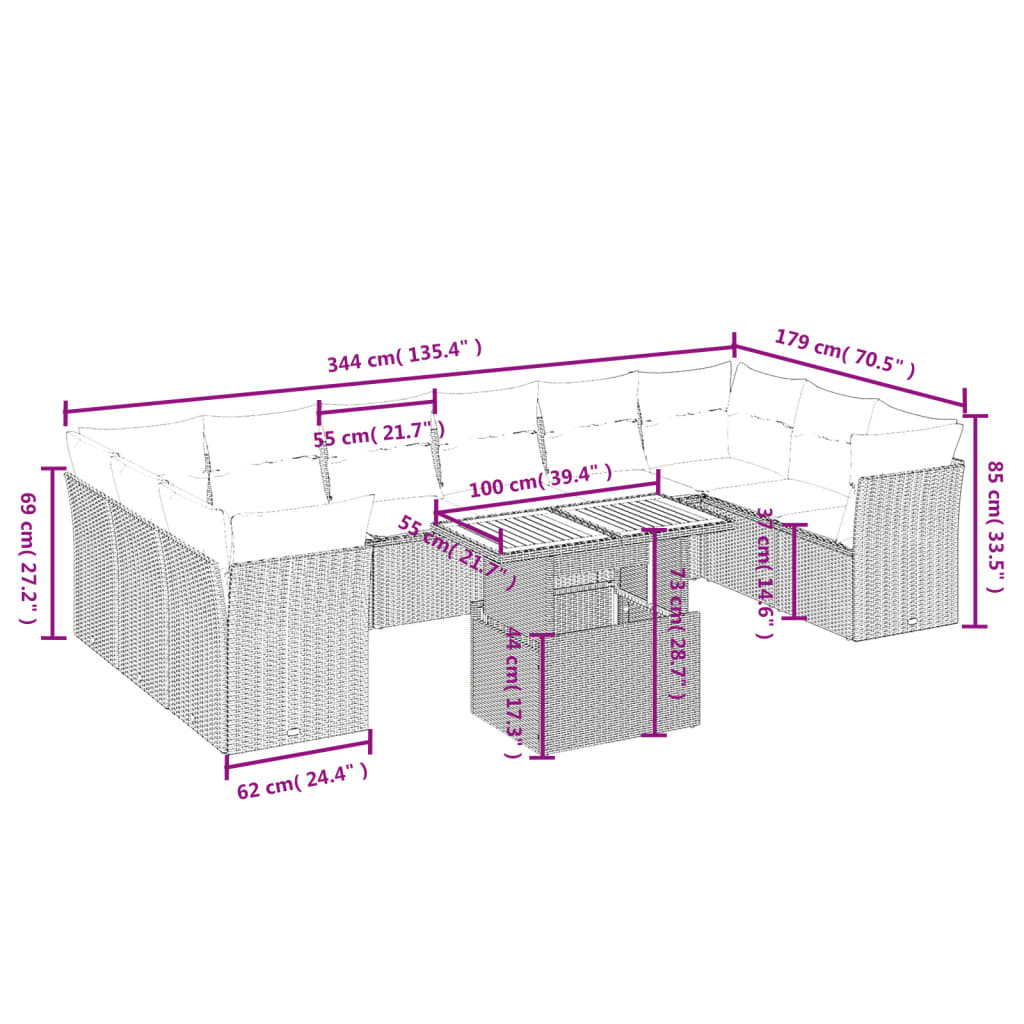 11 pcs conjunto sofás de jardim c/ almofadões vime PE preto - Leva - Me - Contigo