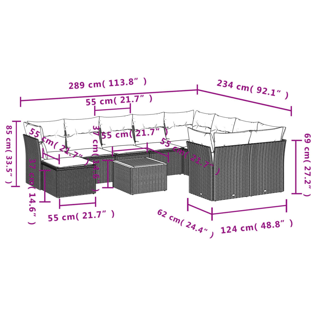 11 pcs conjunto sofás de jardim c/ almofadões vime PE preto - Leva - Me - Contigo