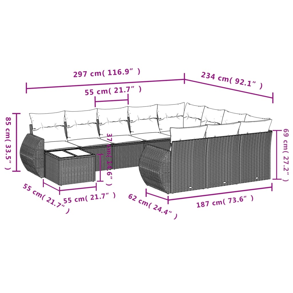 11 pcs conjunto sofás de jardim c/ almofadões vime PE preto - Leva - Me - Contigo