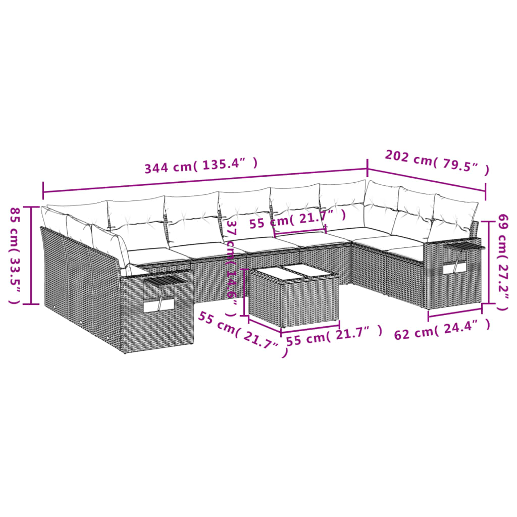 11 pcs conjunto sofás de jardim c/ almofadões vime PE preto - Leva - Me - Contigo