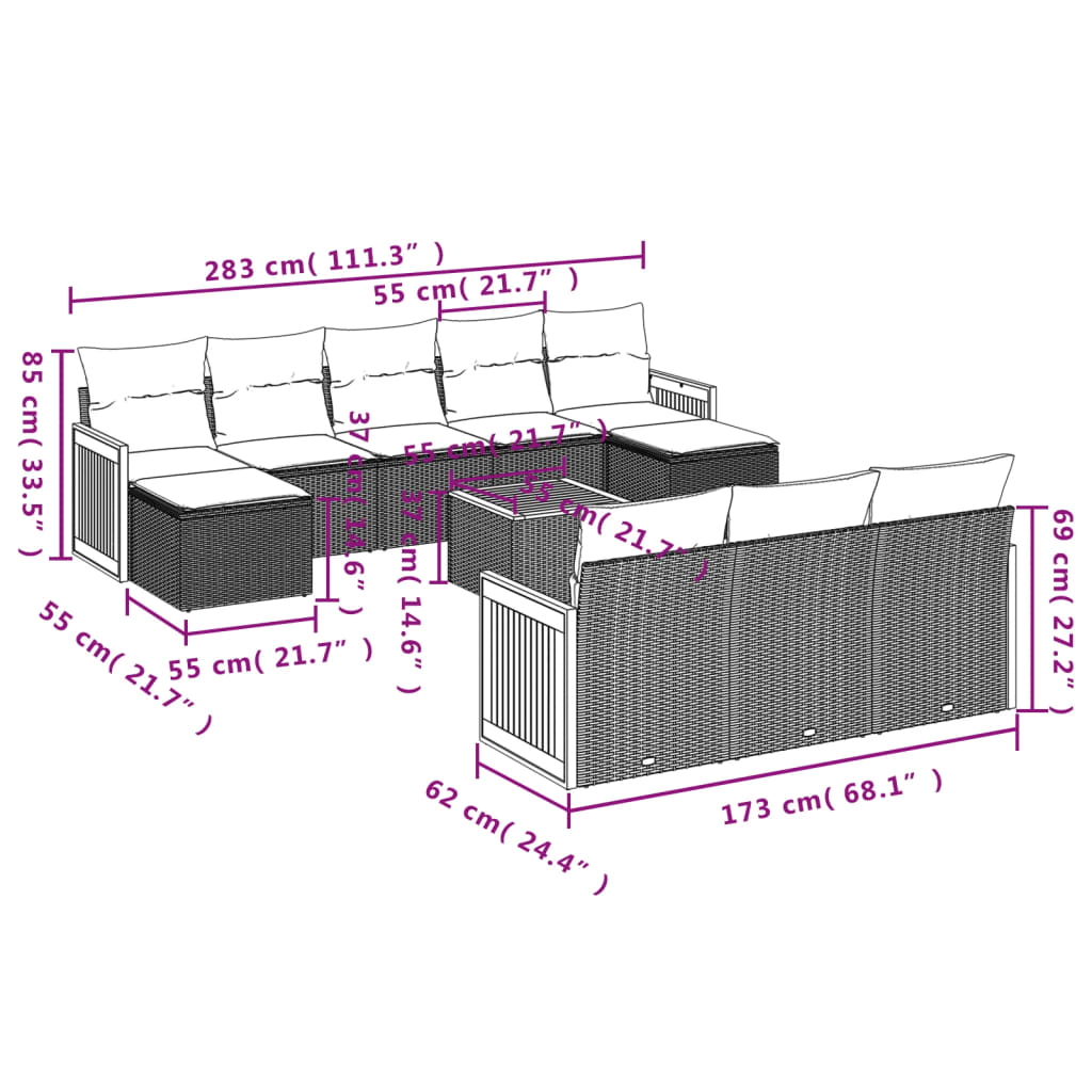 11 pcs conjunto sofás de jardim c/ almofadões vime PE preto - Leva - Me - Contigo