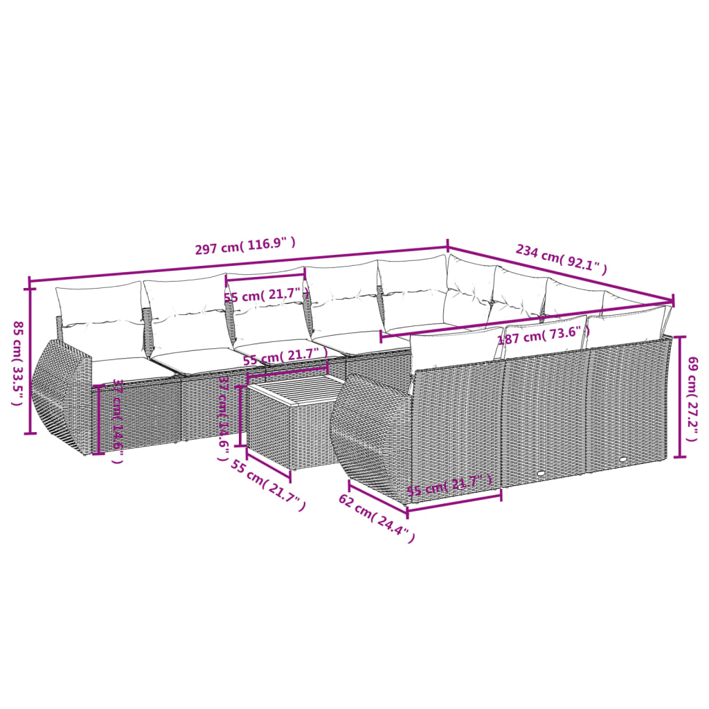 11 pcs conjunto sofás de jardim c/ almofadões vime PE preto - Leva - Me - Contigo