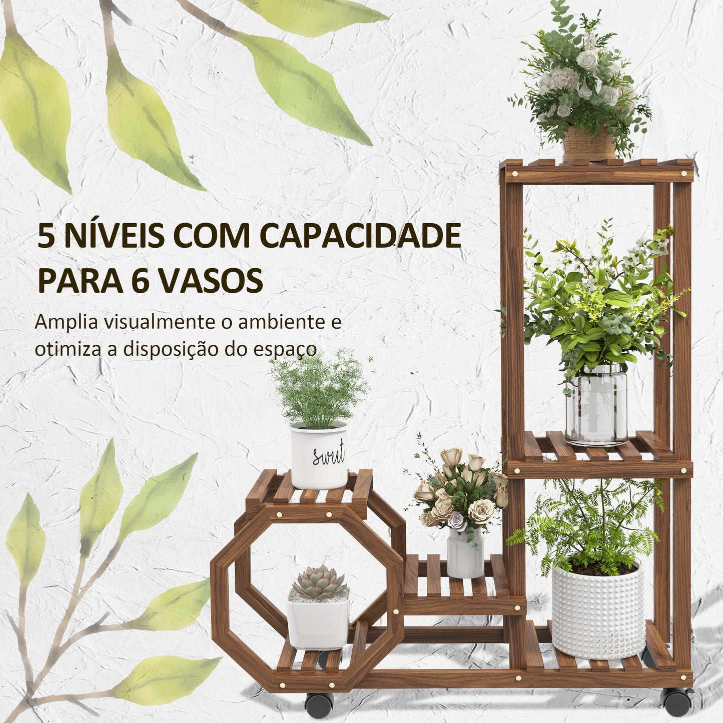 Outsunny Estante para Vasos de 5 Níveis Suporte para Vasos de Plantas de Madeira Suporte para Plantas com Rodas para Interior e Exterior 86x30x102 cm Marrom Carbonizado