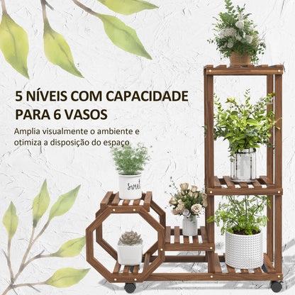 Outsunny Estante para Vasos de 5 Níveis Suporte para Vasos de Plantas de Madeira Suporte para Plantas com Rodas para Interior e Exterior 86x30x102 cm Marrom Carbonizado