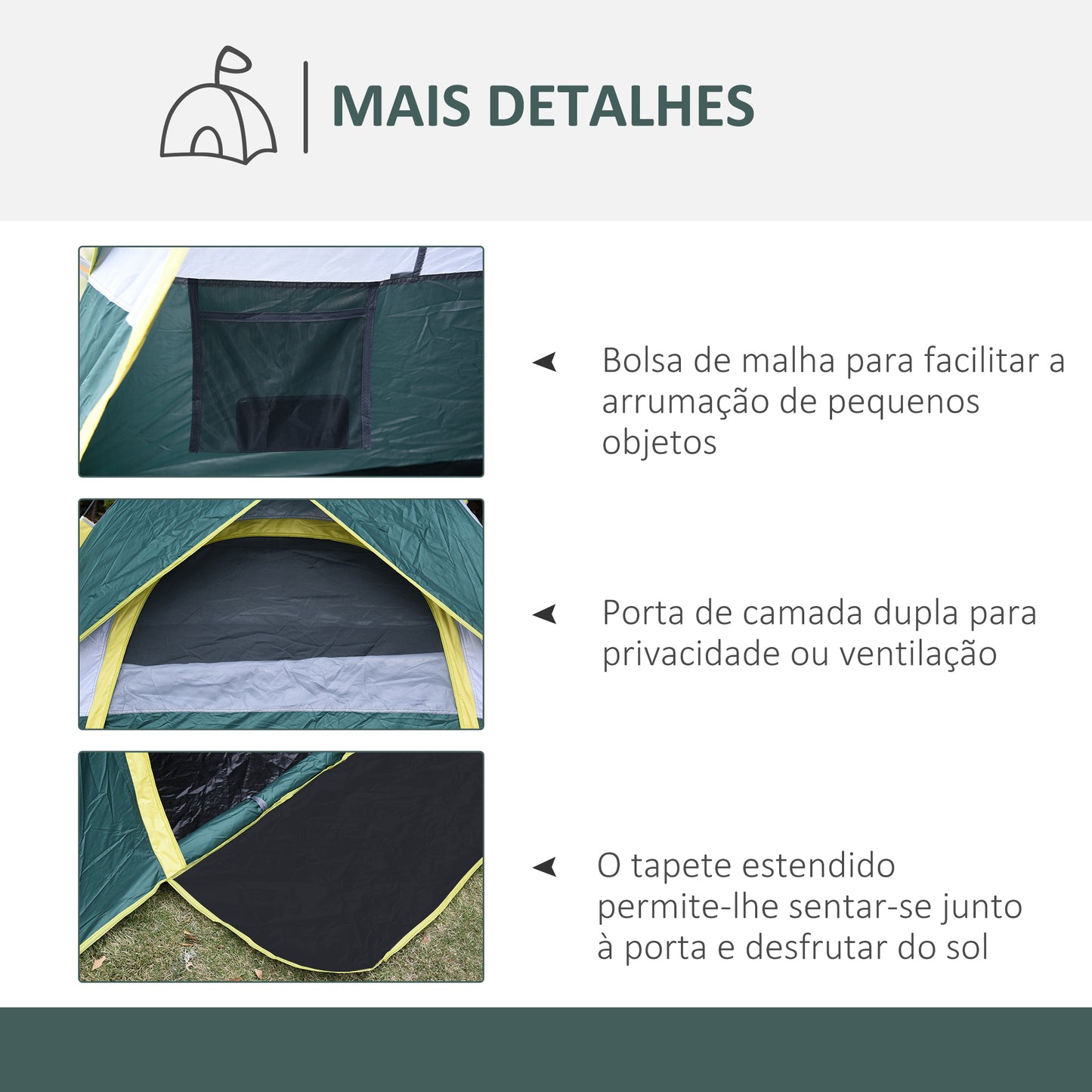 Outsunny Tenda de Campismo para 3 Pessoas Tenda de Campismo Dobrável com 1 Porta 3 Janelas Bolsa de Transporte e Abertura Automática para Praia Parque 205x195x135 cm Verde