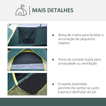 Outsunny Tenda de Campismo para 3 Pessoas Tenda de Campismo Dobrável com 1 Porta 3 Janelas Bolsa de Transporte e Abertura Automática para Praia Parque 205x195x135 cm Verde