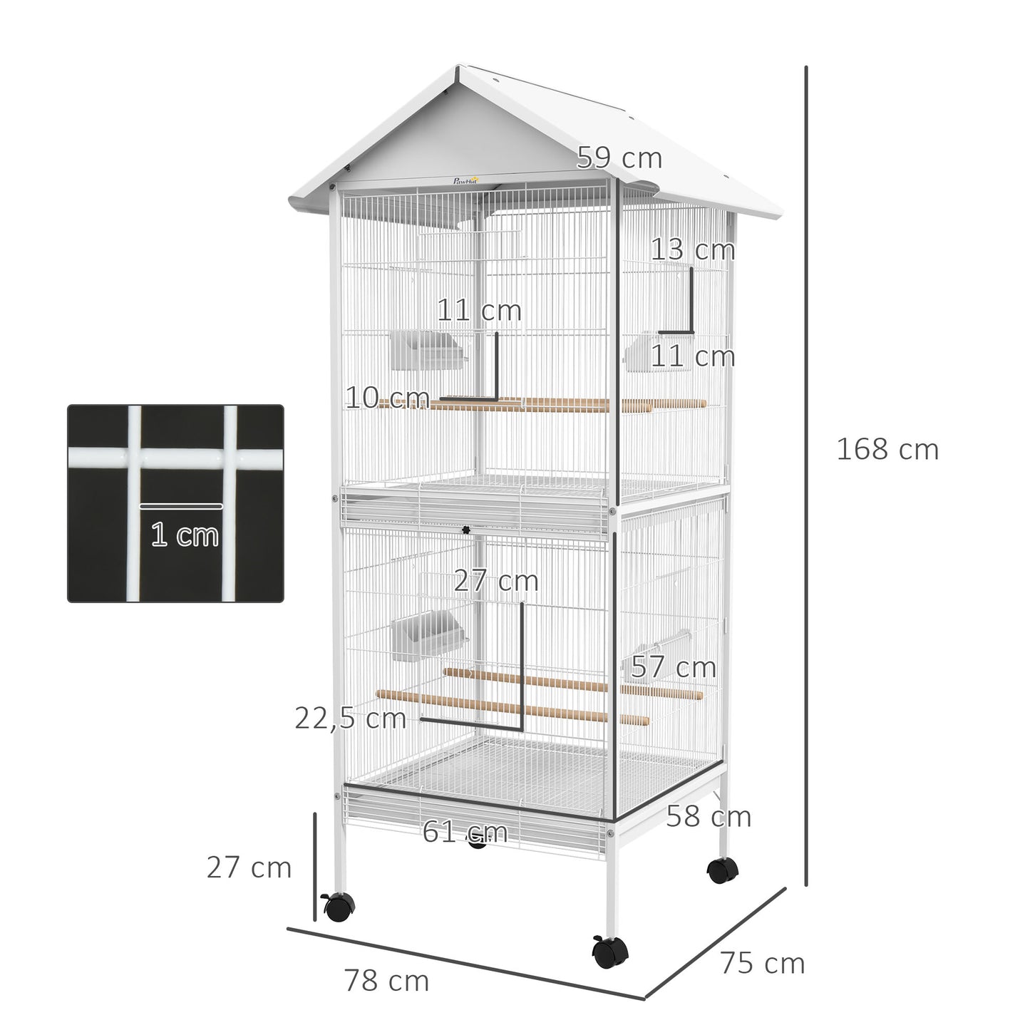 PawHut Gaiola para Pássaros 2 em 1 Gaiola de 2 Andares com Rodas 4 Comedouros 4 Poleiros e Bandejas Amovíveis para Canários Periquitos 78x75x168 cm Branco