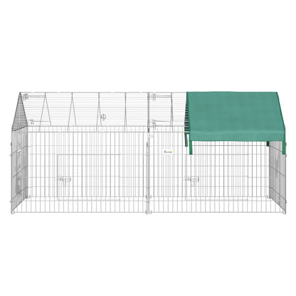 PawHut Gaiola para Animais de Estimação Pequenos 220x103x103cm Gaiola para Coelhos e Galinhas com 2 Portas e Proteção Solar para Exterior Jardim Pátio Prata e Verde