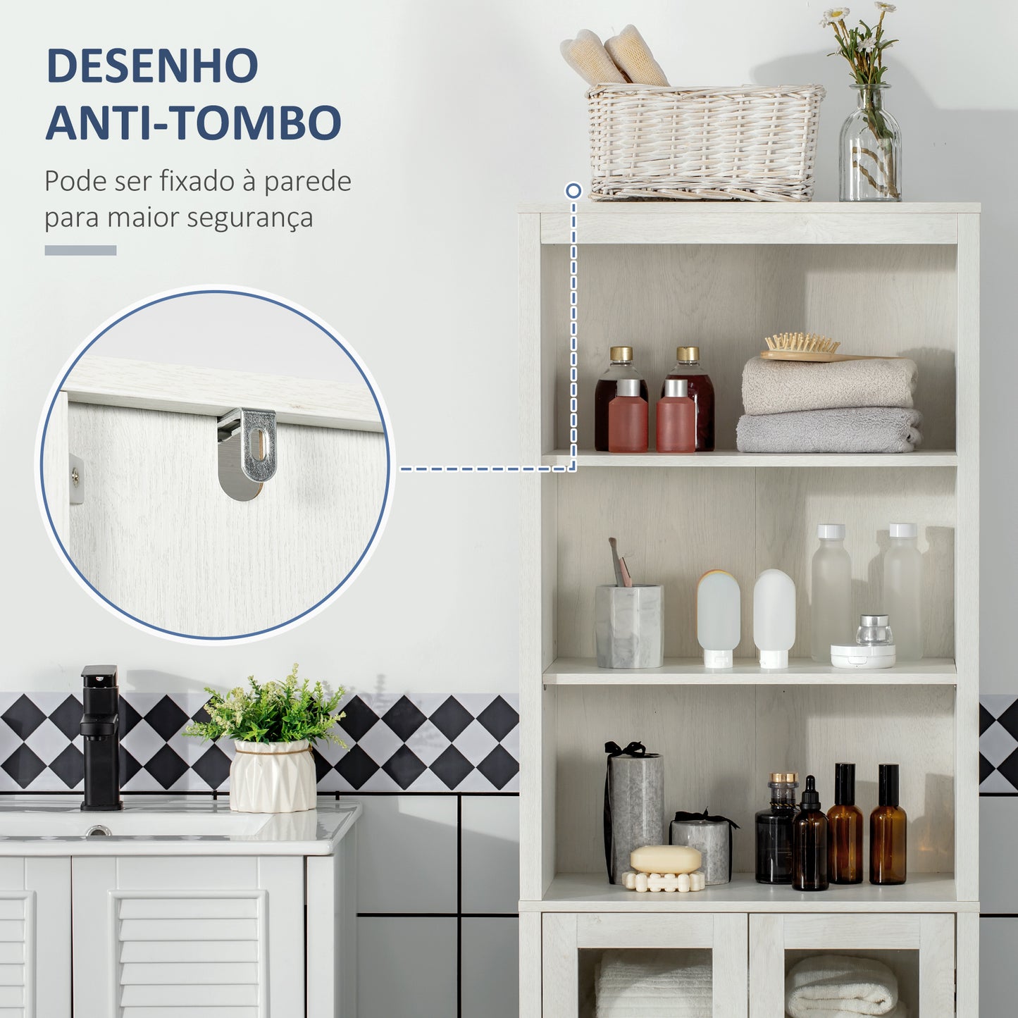 kleankin Armário Alto de Casa de Banho com 2 Portas de Vidro e 3 Prateleiras Abertas Armário Auxiliar Estilo Moderno para Sala de Estar Dormitório 53x30x162cm Branco