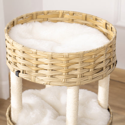 PawHut Árvore Arranhadora para Gatos de Vime Torre para Gatos Médios com Caverna 2 Camas Postes de Sisal Natural e Almofadas Laváveis de Pelúcia Suave Ø40,5x69 cm Natural