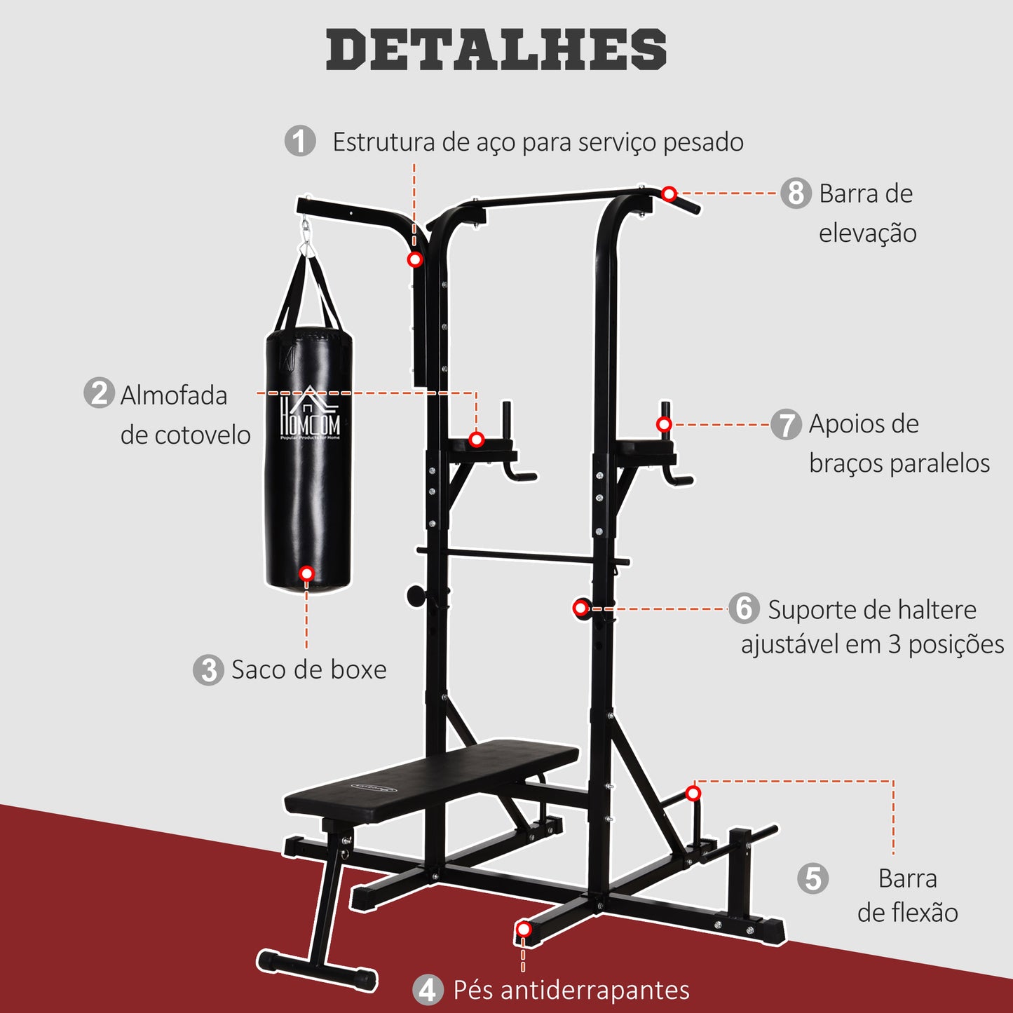 HOMCOM Estação de Musculação Dip com Banco de Pesos Reclinável Saco de Boxe e Barra de Elevação Torre de Treinamento Fitness 180x183x219cm Preto