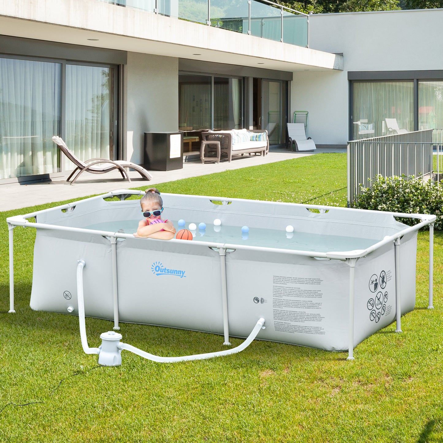 Outsunny Piscina Desmontável Tubular 252x152x65cm com Depuradora de Cartucho Piscina Retangular de Exterior para Adultos e Crianças 2.163L Cinza