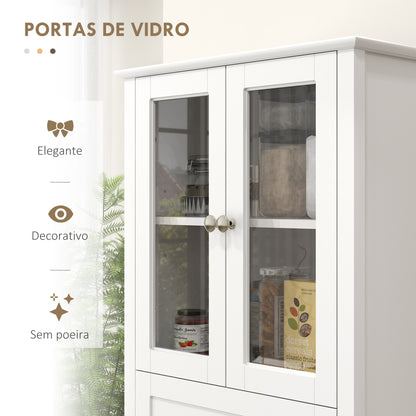 HOMCOM Armário de Cozinha Móvel Auxiliar de Cozinha com 2 Portas de Vidro Temperado Gaveta e Prateleiras Ajustáveis para Sala 61x35x168,5 cm Branco