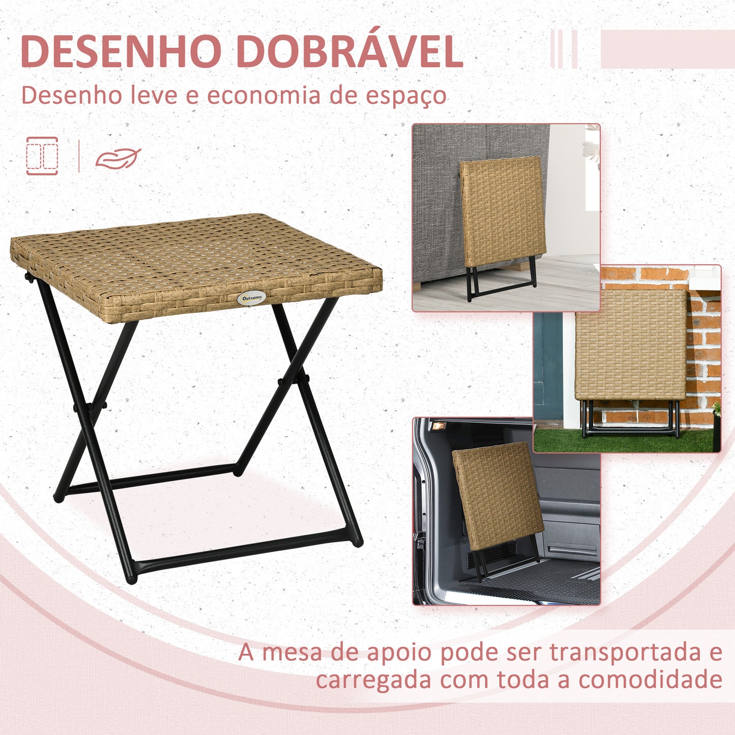 Outsunny Mesa de Jardim em Vime Sintético Mesa de Terraço Exterior Dobrável com Pés Cruzados e Estrutura de Aço para Pátio Varanda 40x40x40 cm Natural